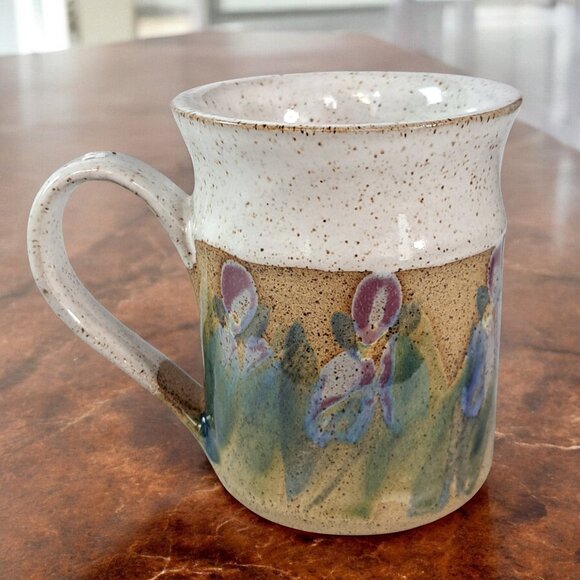 Beautiful Pottery mug 4" tall marked on bottom MKS floral unique - Picture 3 of 7